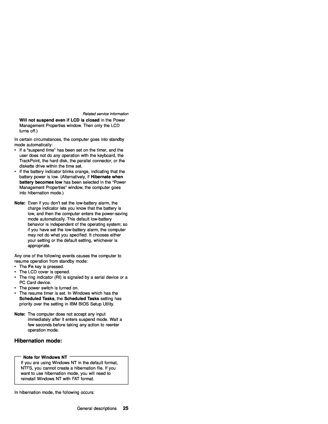IBM MT 2632 manual Hibernation mode, Note for Windows NT 