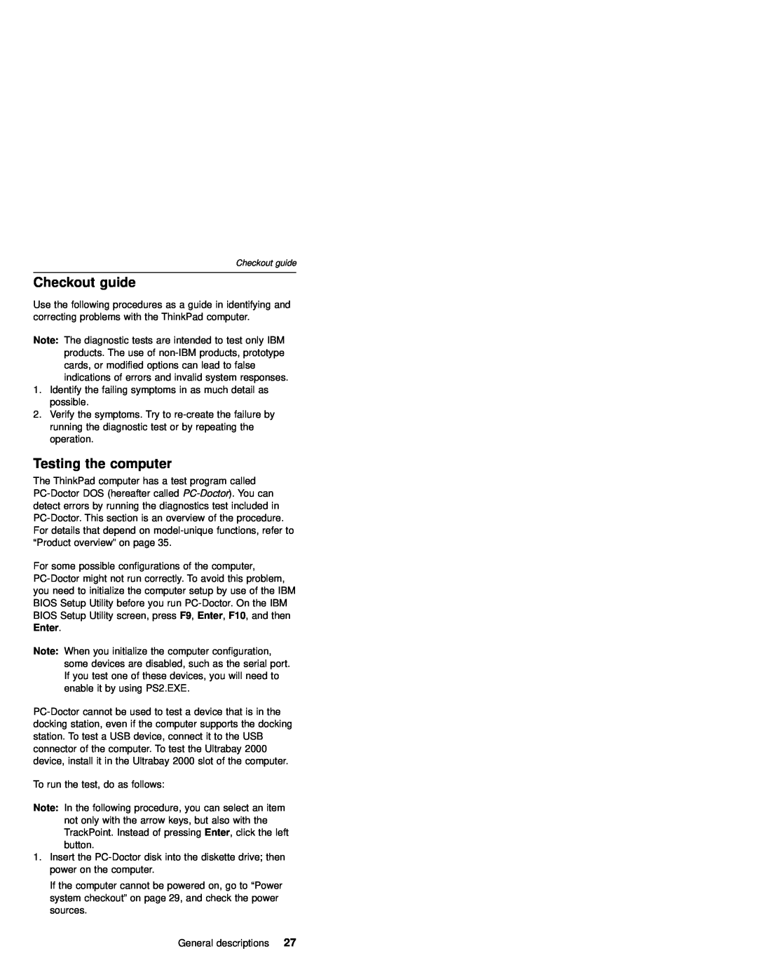 IBM MT 2632 manual Checkout guide, Testing the computer 