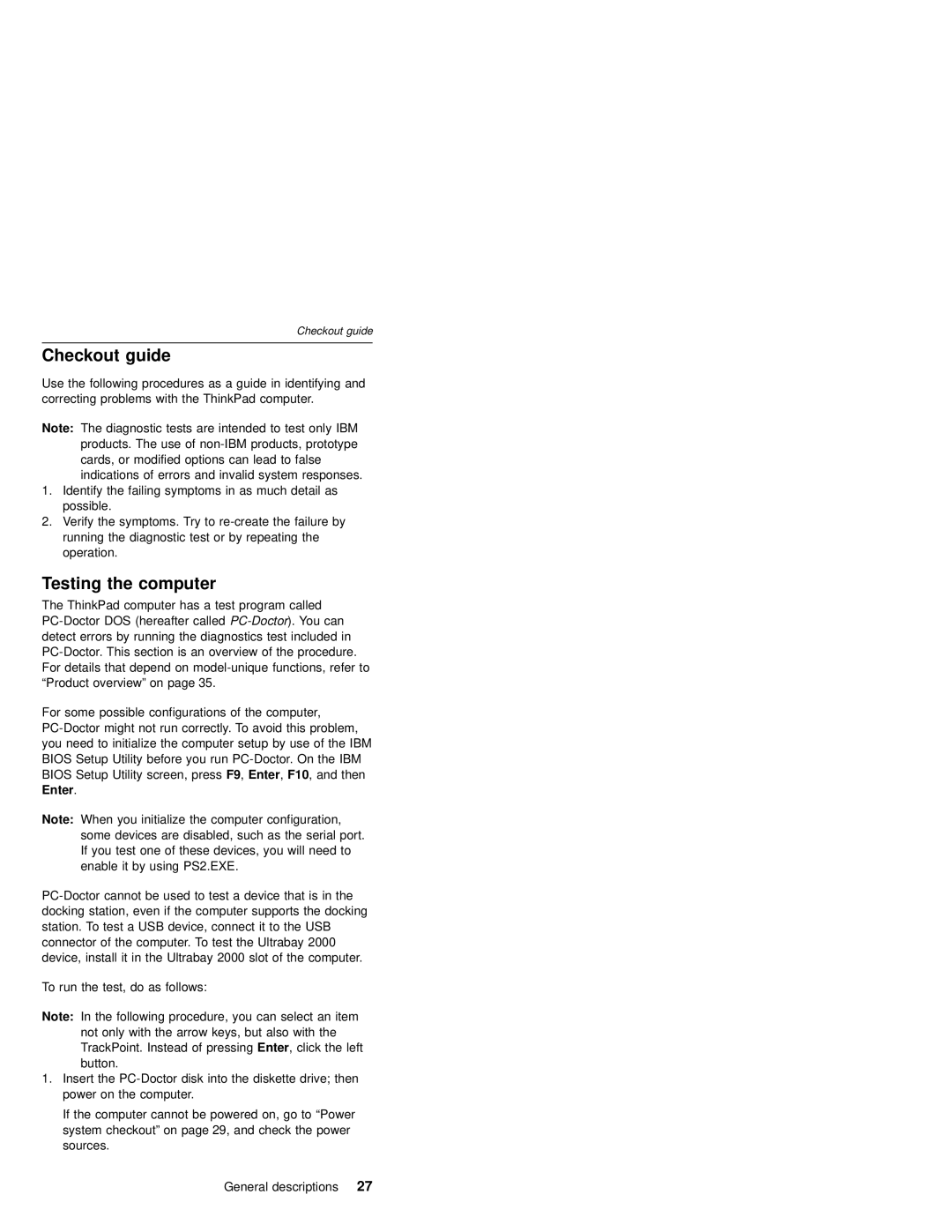 IBM MT 2632 manual Checkout guide, Testing the computer 