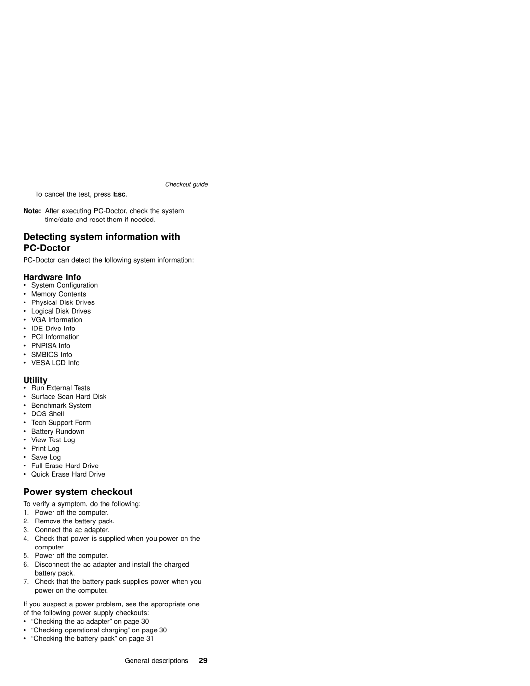 IBM MT 2632 manual Detecting system information with PC-Doctor, Power system checkout, Hardware Info, Utility 