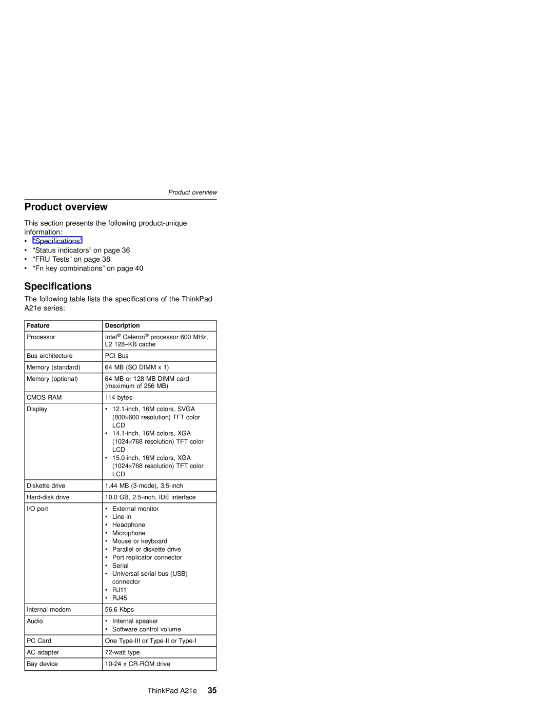 IBM MT 2632 manual Product overview, Specifications 