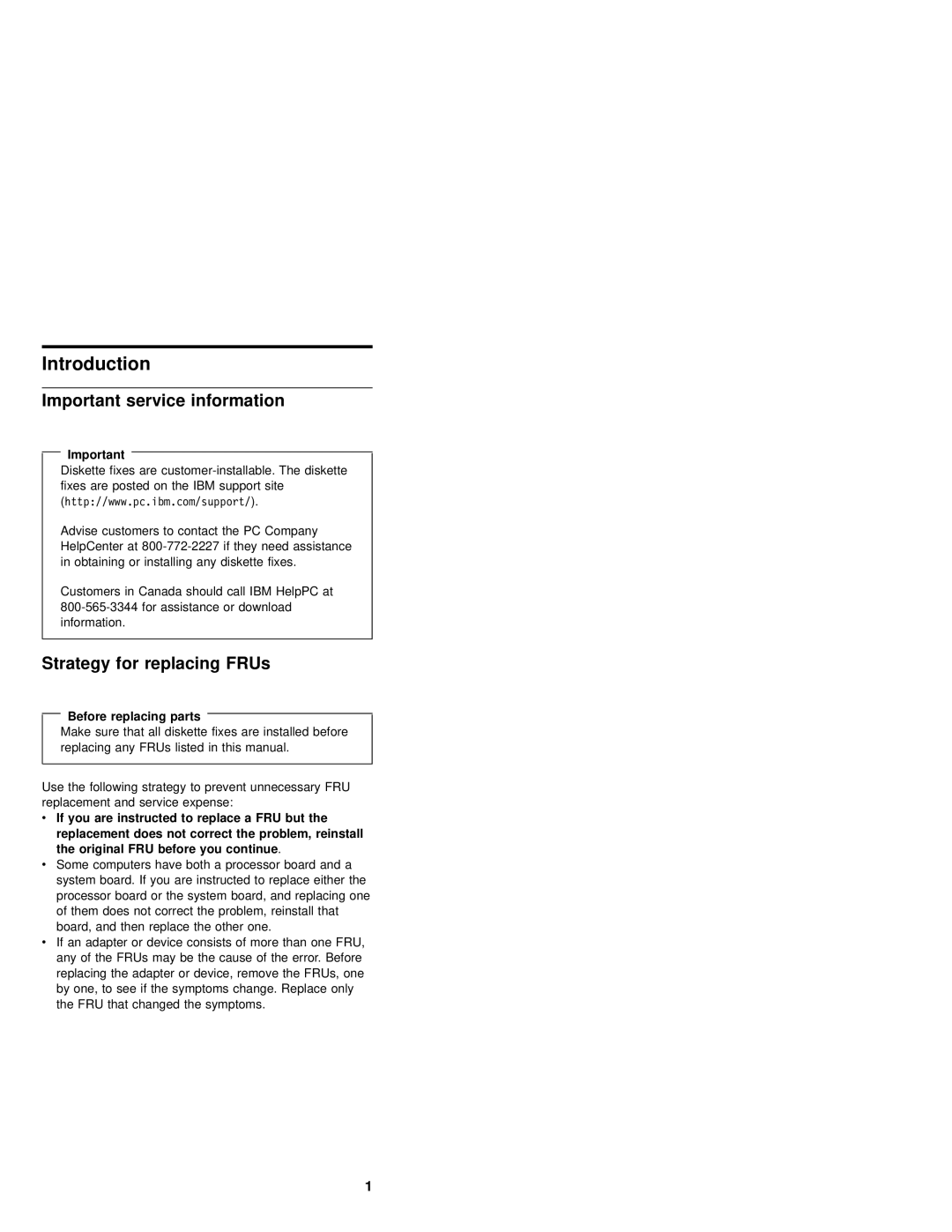 IBM MT 2632 manual Important service information, Strategy for replacing FRUs, Before replacing parts 