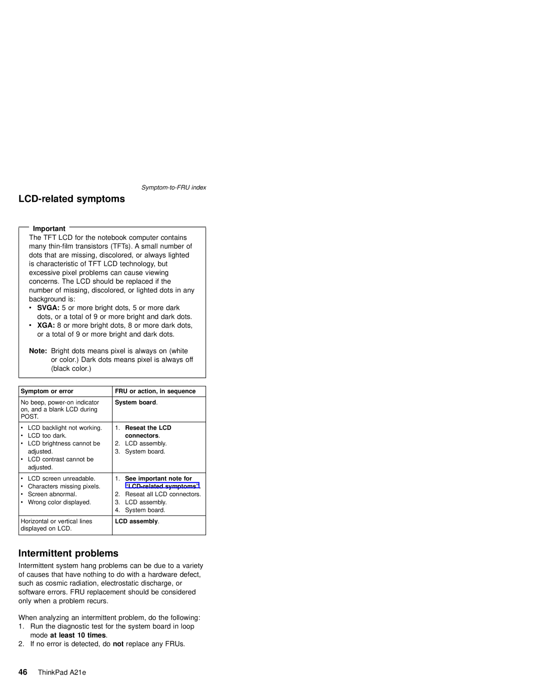 IBM MT 2632 manual LCD-related symptoms, Intermittent problems 