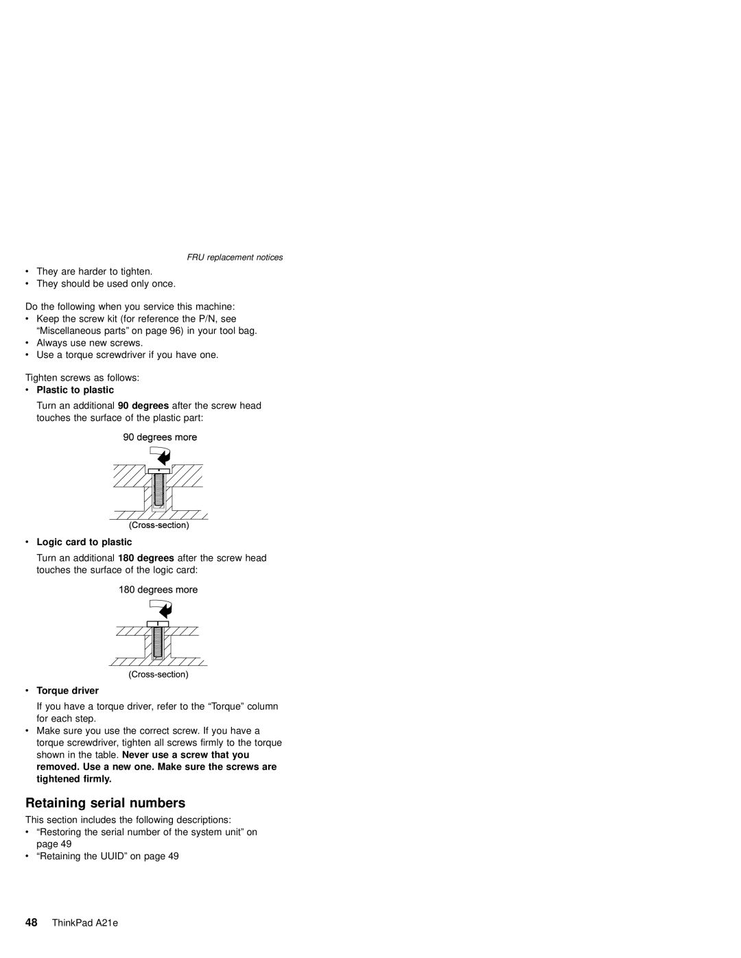 IBM MT 2632 manual Retaining serial numbers, Plastic to plastic, Logic card to plastic, Torque driver 