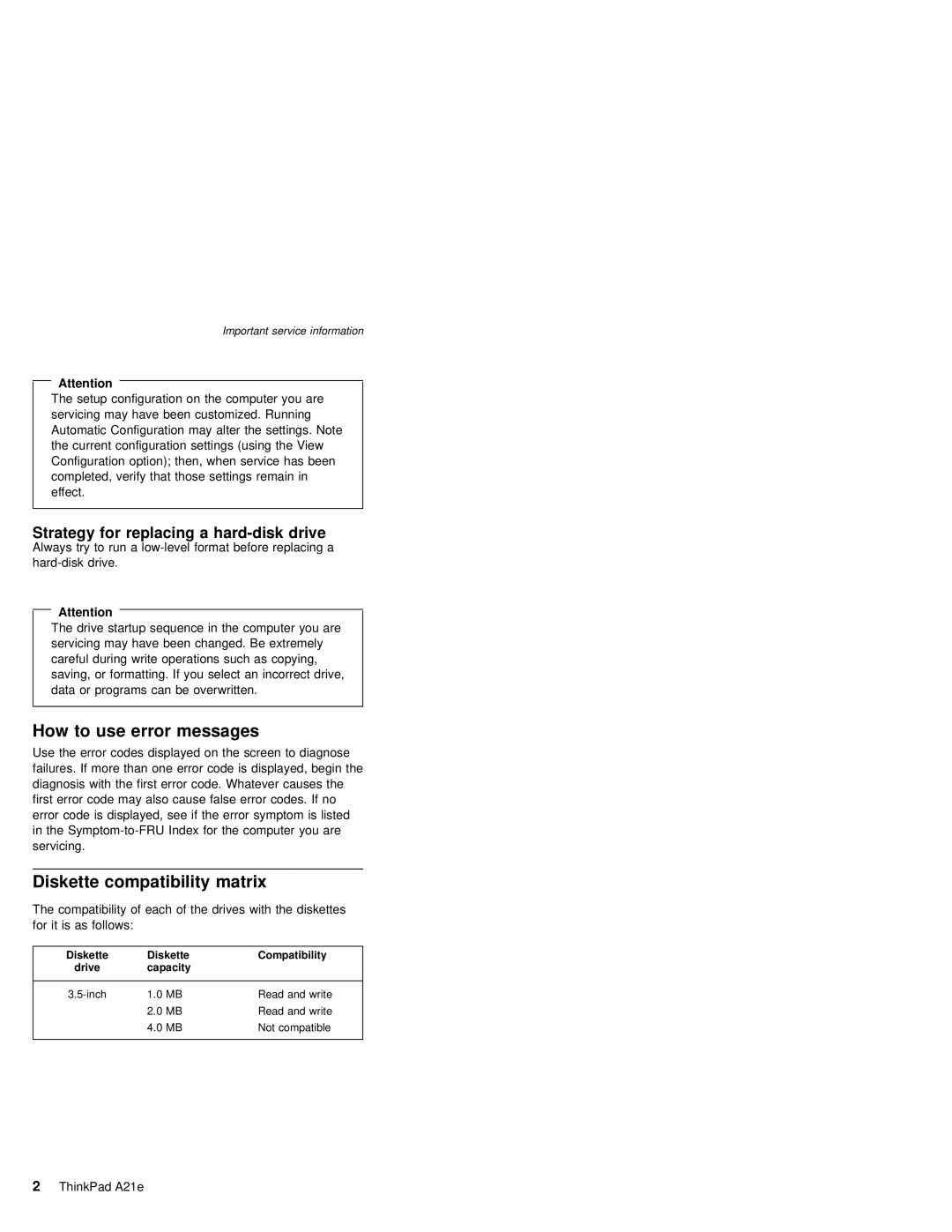 IBM MT 2632 manual How to use error messages, Diskette compatibility matrix, Strategy for replacing a hard-disk drive 