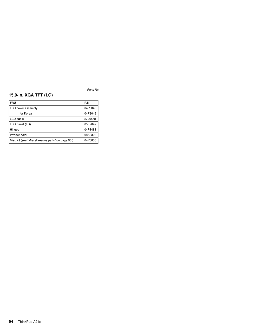 IBM MT 2632 manual 15.0-in. XGA TFT LG 