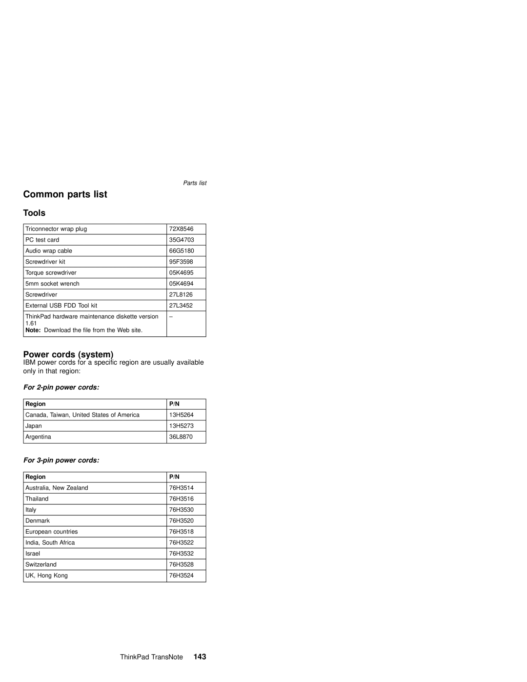 IBM MT 2675 manual Common parts list, Power cords system 