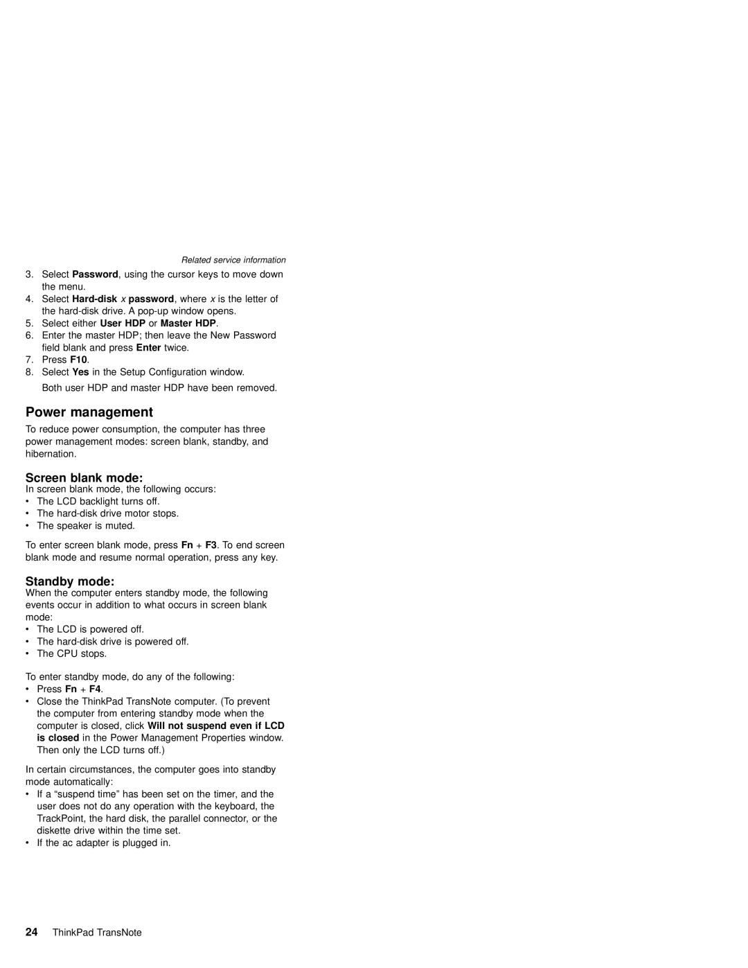 IBM MT 2675 manual Power management, Screen blank mode, Standby mode, Select either User HDP or Master HDP 