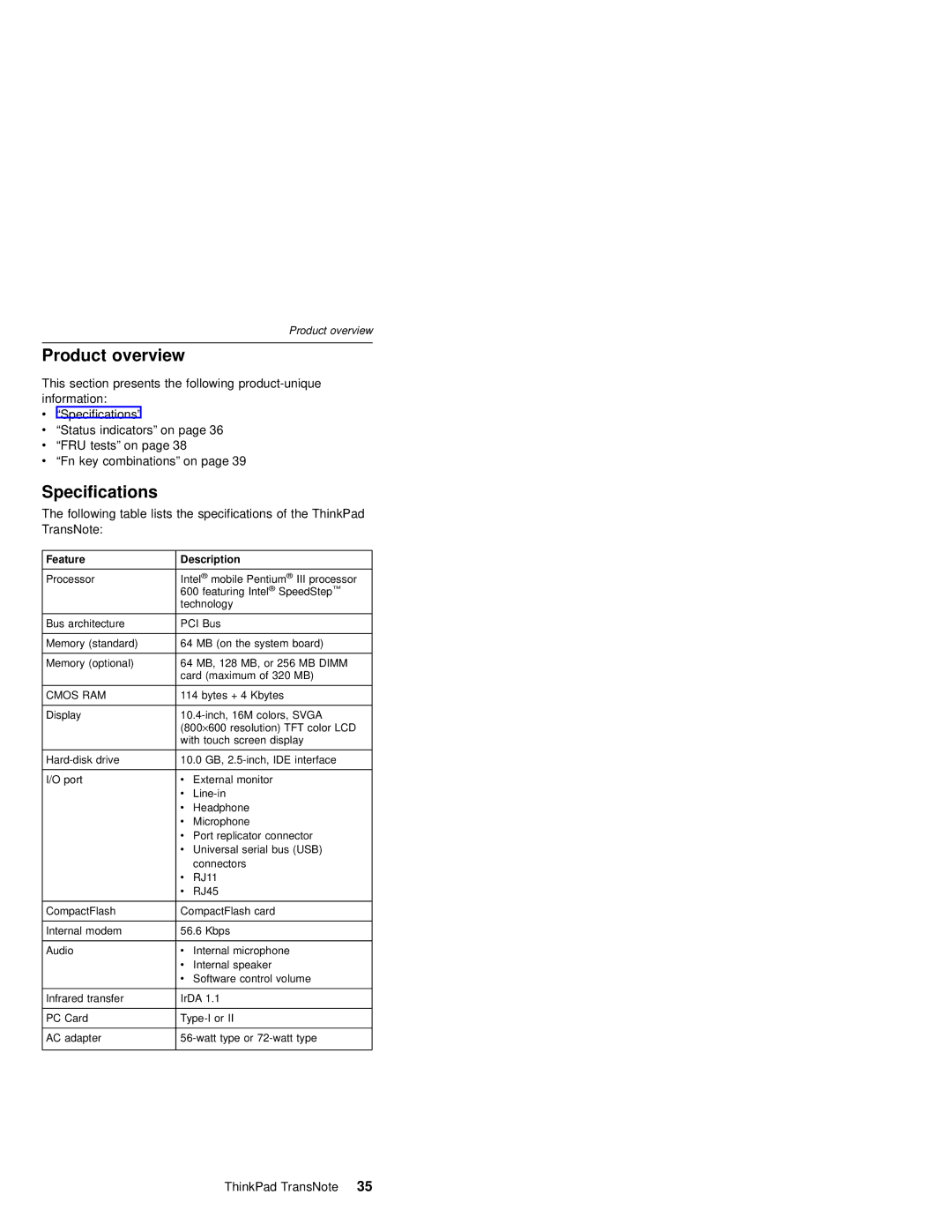 IBM MT 2675 manual Product overview, Specifications 