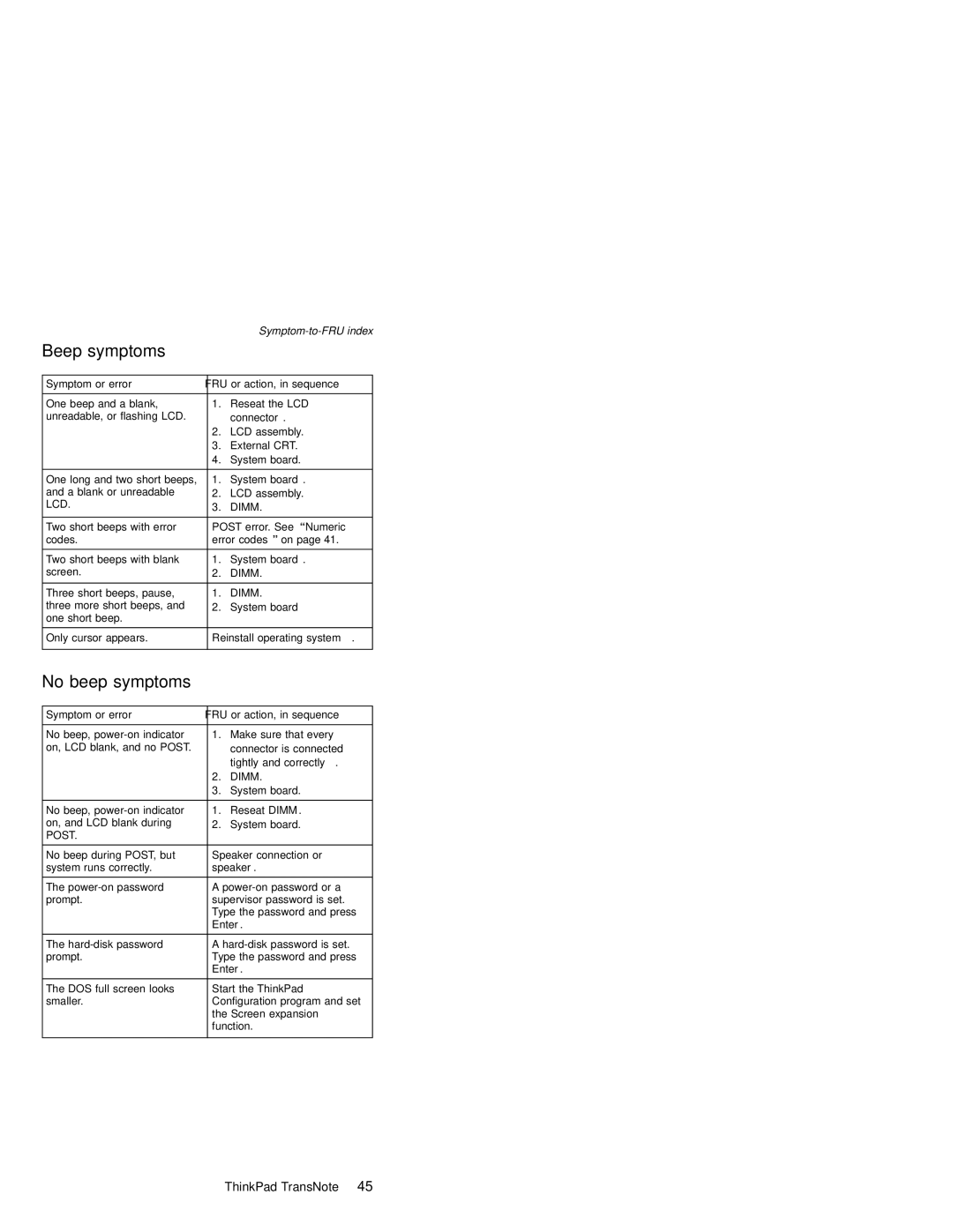 IBM MT 2675 manual Beep symptoms 