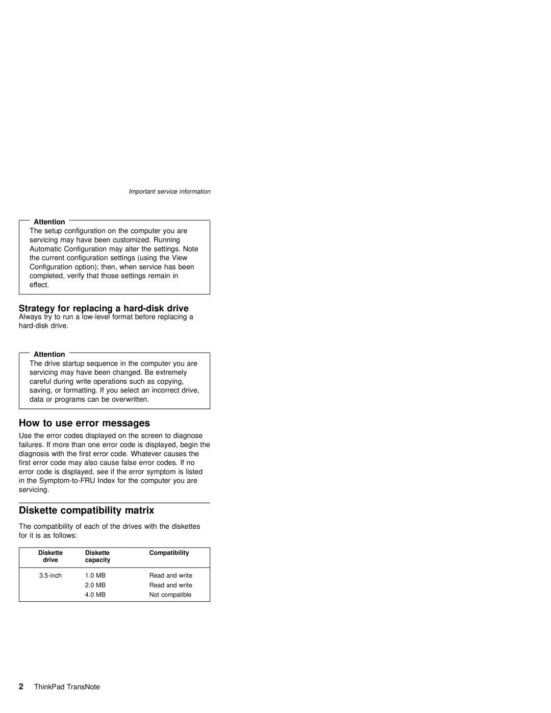 IBM MT 2675 manual How to use error messages, Diskette compatibility matrix, Strategy for replacing a hard-disk drive 