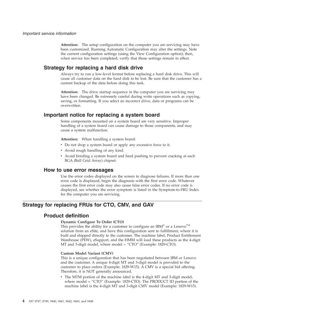 IBM MT 9443, MT 9448, MT 8747 manual Strategy for replacing a hard disk drive, Important notice for replacing a system board 