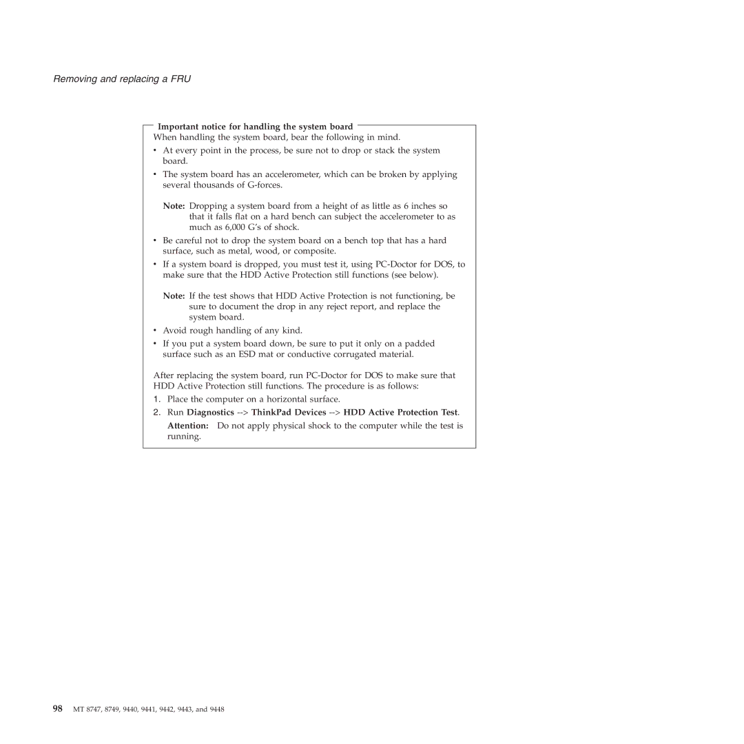 IBM MT 8749, MT 9448, MT 8747, MT 9440, MT 9443, MT 9442, MT 9441 manual Important notice for handling the system board 