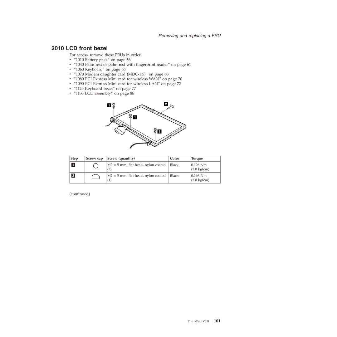 IBM MT 9440, MT 9448, MT 8747, MT 9443, MT 9442, MT 9441, MT 8749 LCD front bezel, Step Screw cap Screw quantity Color Torque 