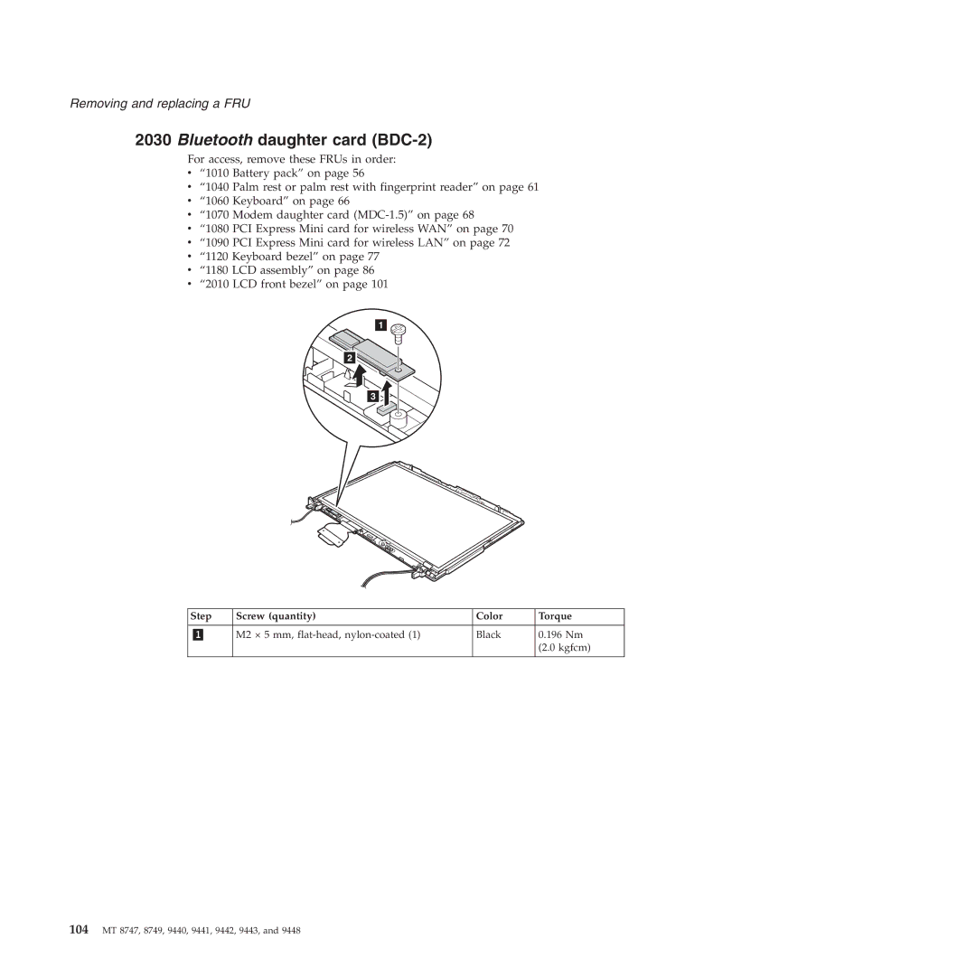 IBM MT 9441, MT 9448, MT 8747, MT 9440, MT 9443, MT 9442 manual Bluetooth daughter card BDC-2, Step Screw quantity Color Torque 