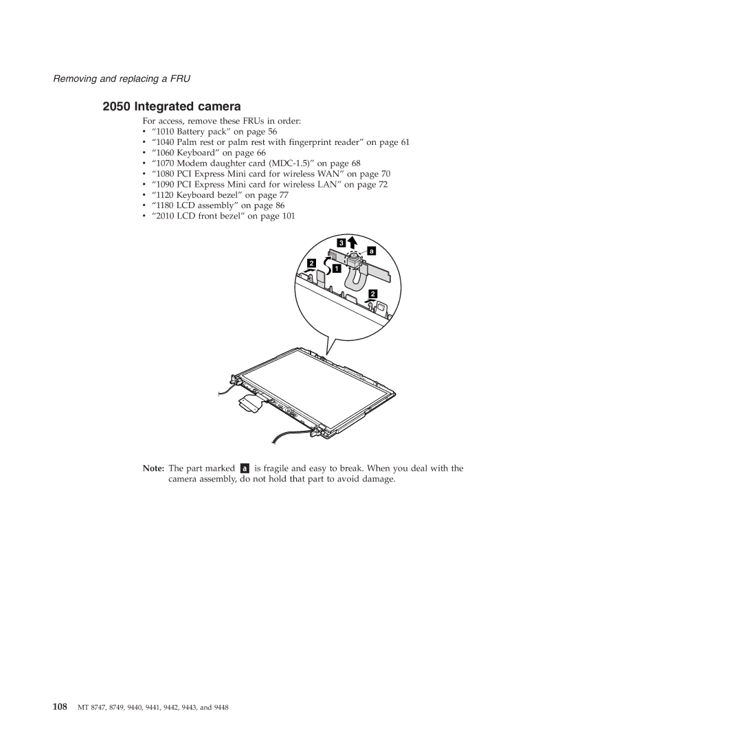 IBM MT 9440, MT 9448, MT 8747, MT 9443, MT 9442, MT 9441, MT 8749 manual Integrated camera 