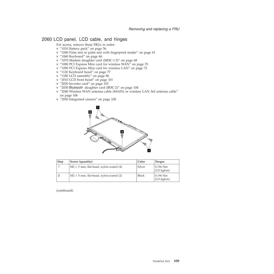 IBM MT 9443, MT 9448, MT 8747, MT 9440, MT 9442, MT 9441 LCD panel, LCD cable, and hinges, Step Screw quantity Color Torque 