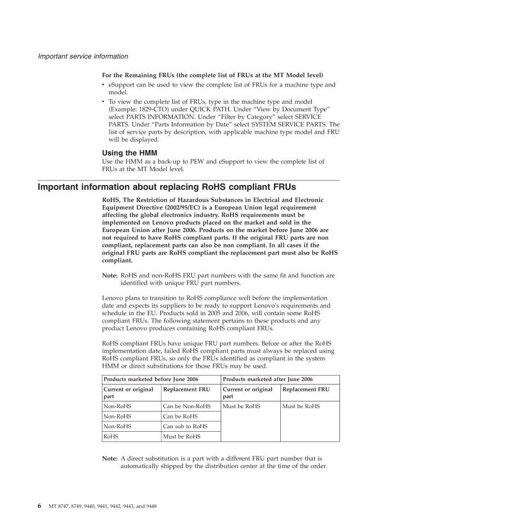 IBM MT 9441, MT 9448, MT 8747, MT 9440, MT 9443 manual Important information about replacing RoHS compliant FRUs, Using the HMM 