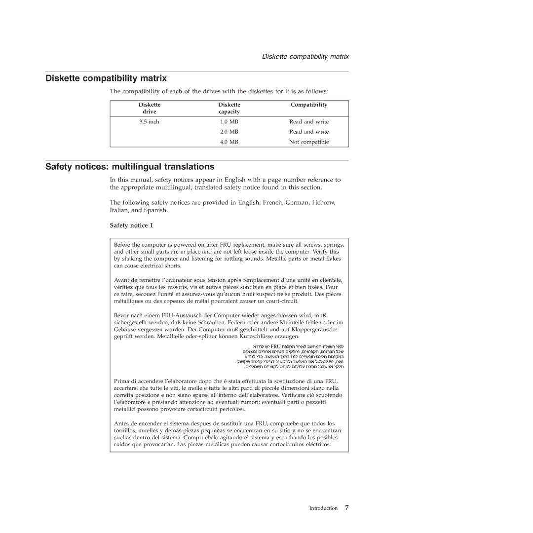 IBM MT 8749 Diskette compatibility matrix, Safety notices multilingual translations, Diskette Compatibility Drive Capacity 