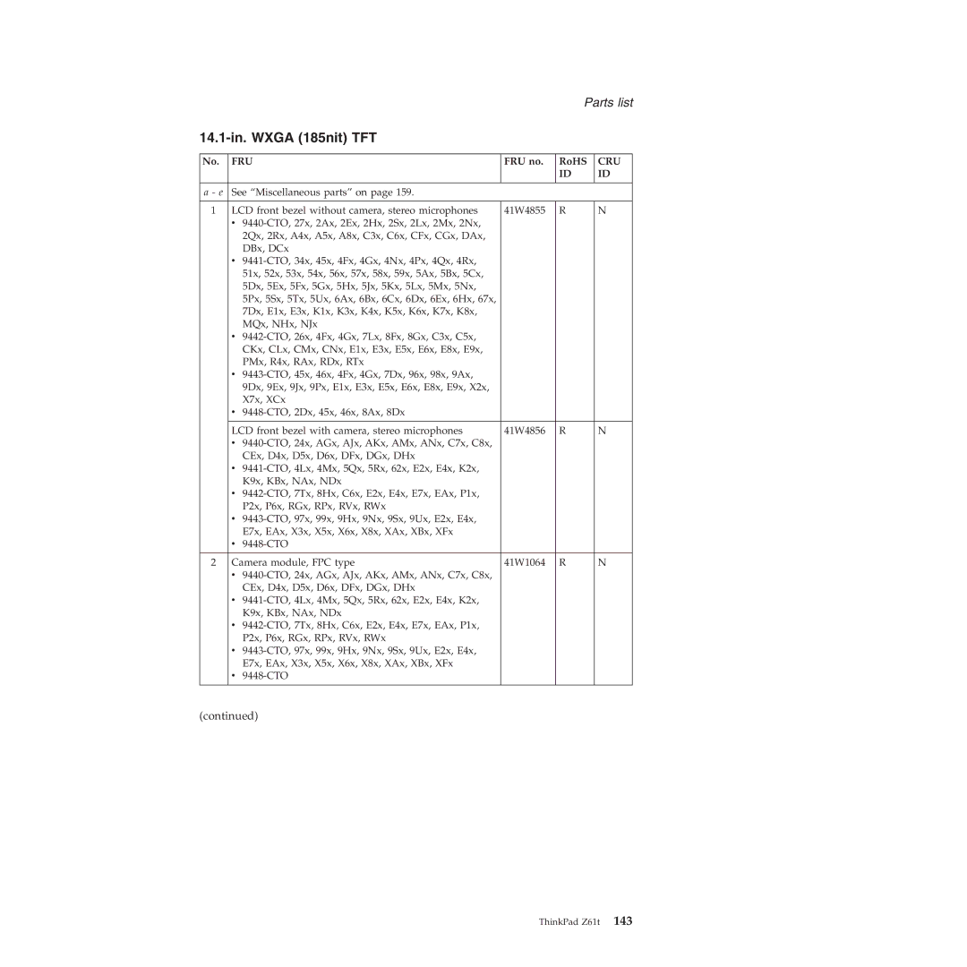 IBM MT 9440, MT 9448, MT 8747, MT 9443, MT 9442, MT 9441, MT 8749 manual 14.1-in. Wxga 185nit TFT 