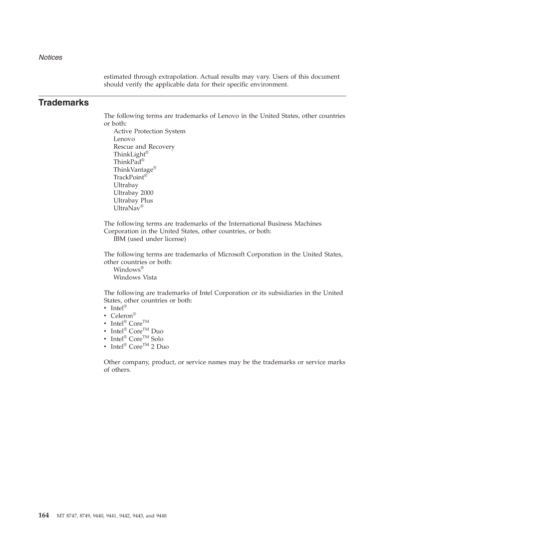 IBM MT 9440, MT 9448, MT 8747, MT 9443, MT 9442, MT 9441, MT 8749 manual Trademarks 