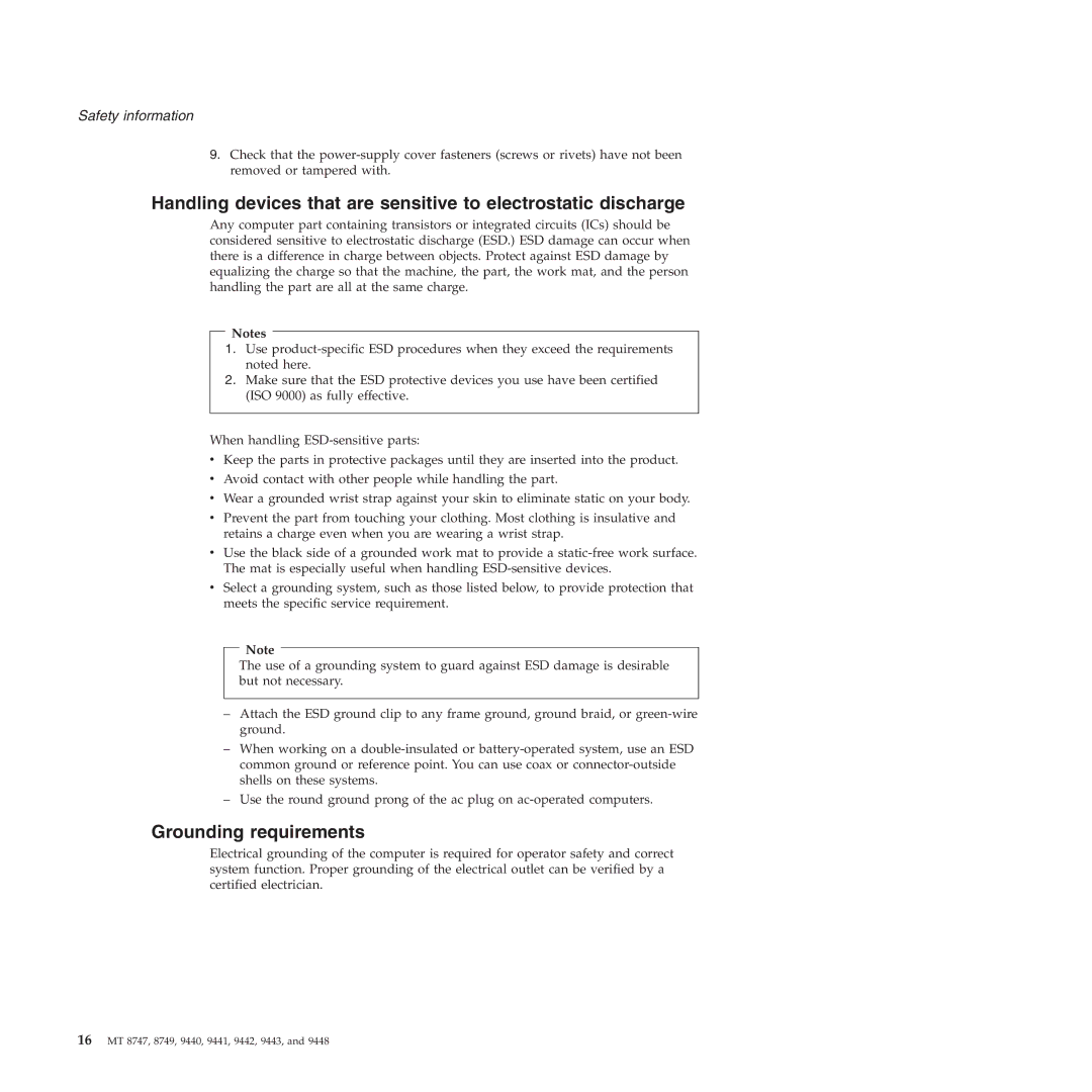 IBM MT 8747, MT 9448, MT 9440, MT 9443, MT 9442, MT 9441, MT 8749 manual Grounding requirements 