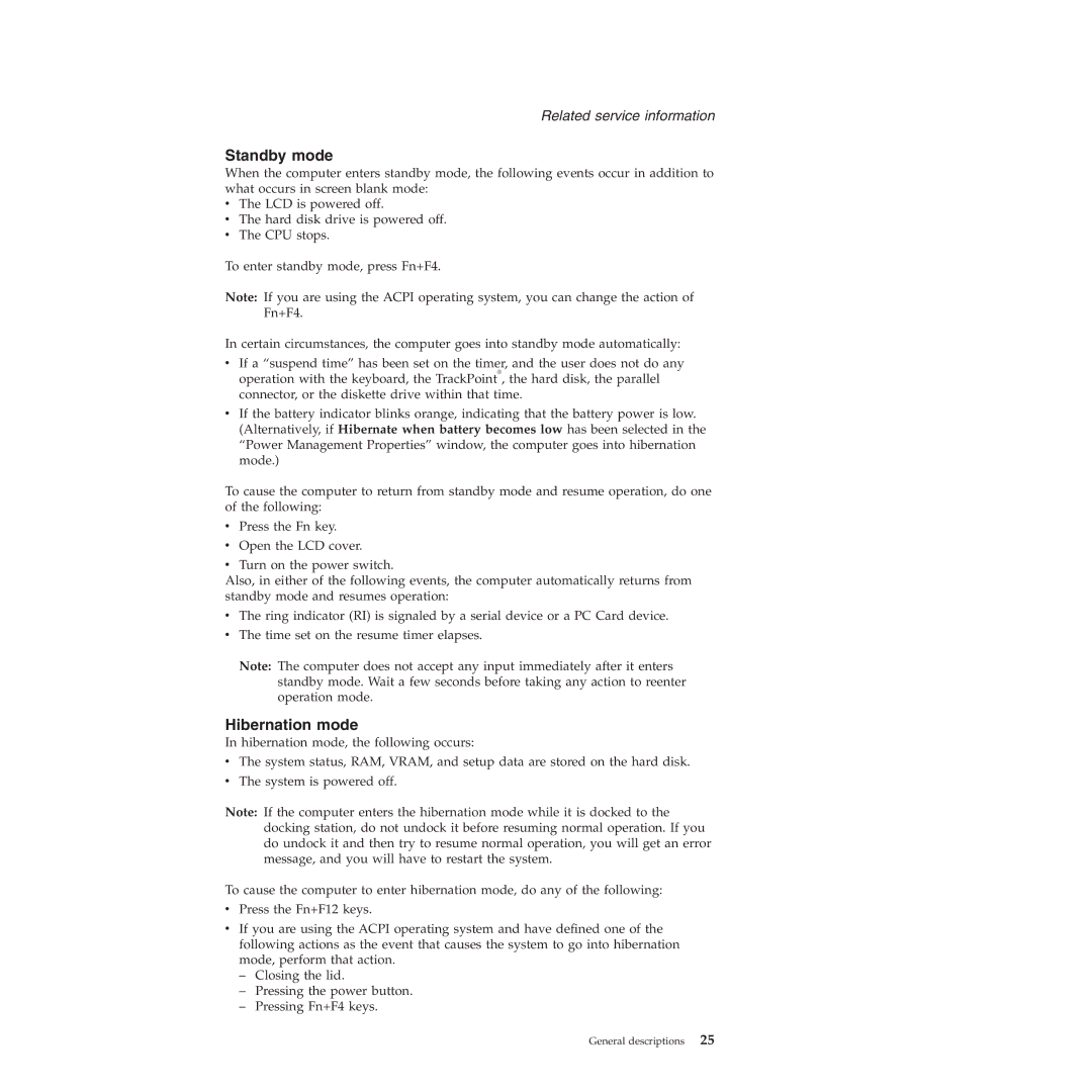 IBM MT 9443, MT 9448, MT 8747, MT 9440, MT 9442, MT 9441, MT 8749 manual Standby mode, Hibernation mode 