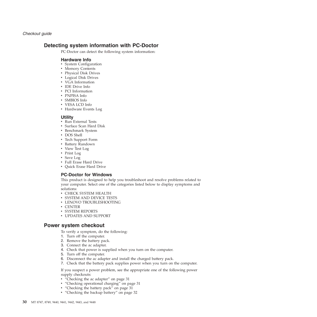 IBM MT 8747, MT 9448, MT 9440 Detecting system information with PC-Doctor, Power system checkout, Hardware Info, Utility 