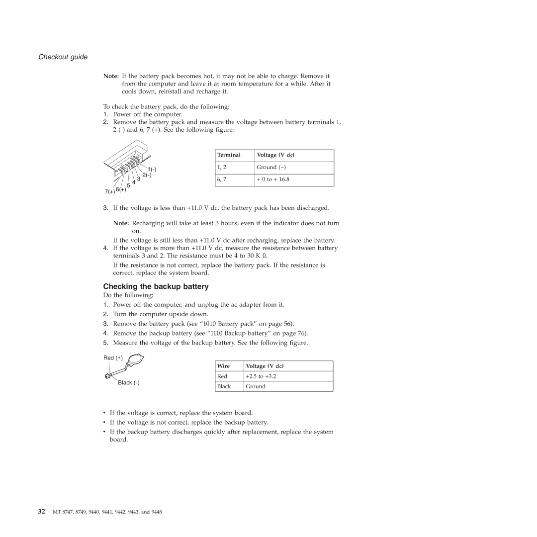 IBM MT 9443, MT 9448, MT 8747, MT 9440, MT 9442, MT 9441 Checking the backup battery, Terminal Voltage V dc, Wire Voltage V dc 
