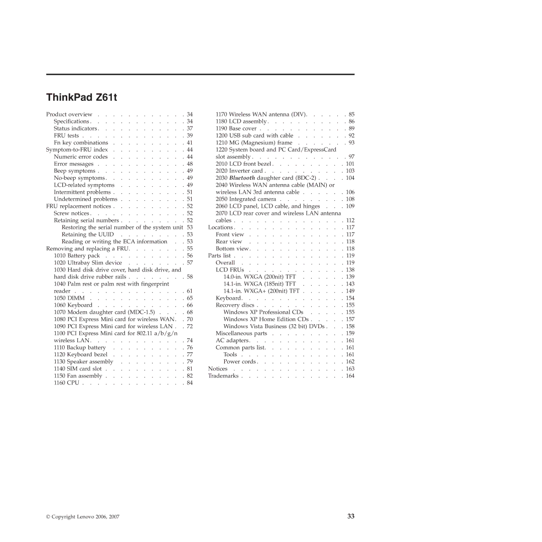 IBM MT 9442, MT 9448, MT 8747, MT 9440, MT 9443, MT 9441, MT 8749 manual ThinkPad Z61t 