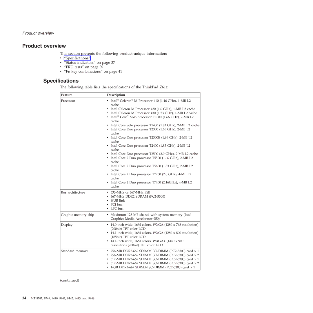 IBM MT 9441, MT 9448, MT 8747, MT 9440, MT 9443, MT 9442, MT 8749 manual Product overview, Specifications, Feature Description 