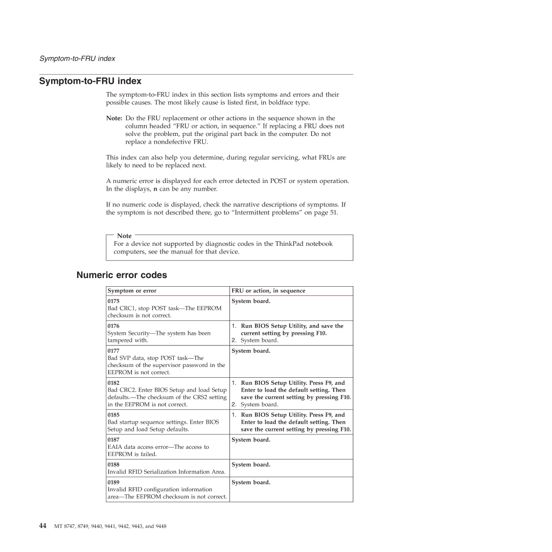 IBM MT 8747, MT 9448, MT 9440, MT 9443, MT 9442, MT 9441, MT 8749 manual Symptom-to-FRU index, Numeric error codes 