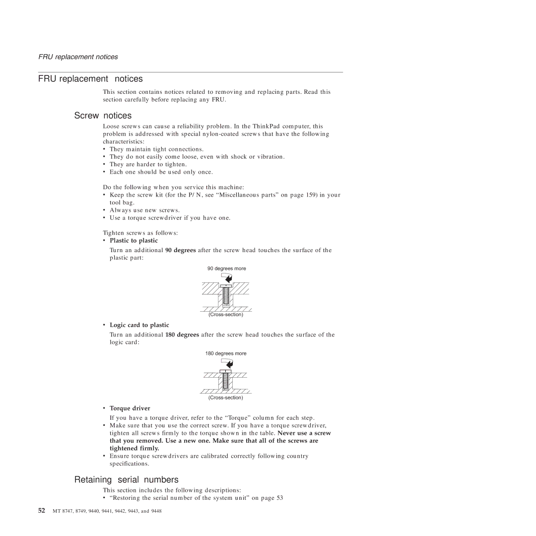 IBM MT 9440, MT 9448, MT 8747, MT 9443, MT 9442, MT 9441 manual FRU replacement notices, Screw notices, Retaining serial numbers 