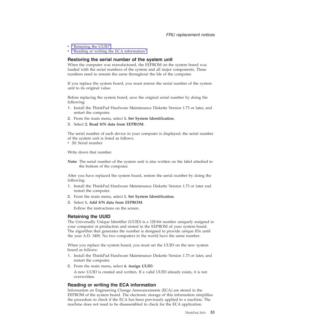 IBM MT 9443 Restoring the serial number of the system unit, Retaining the Uuid, Reading or writing the ECA information 