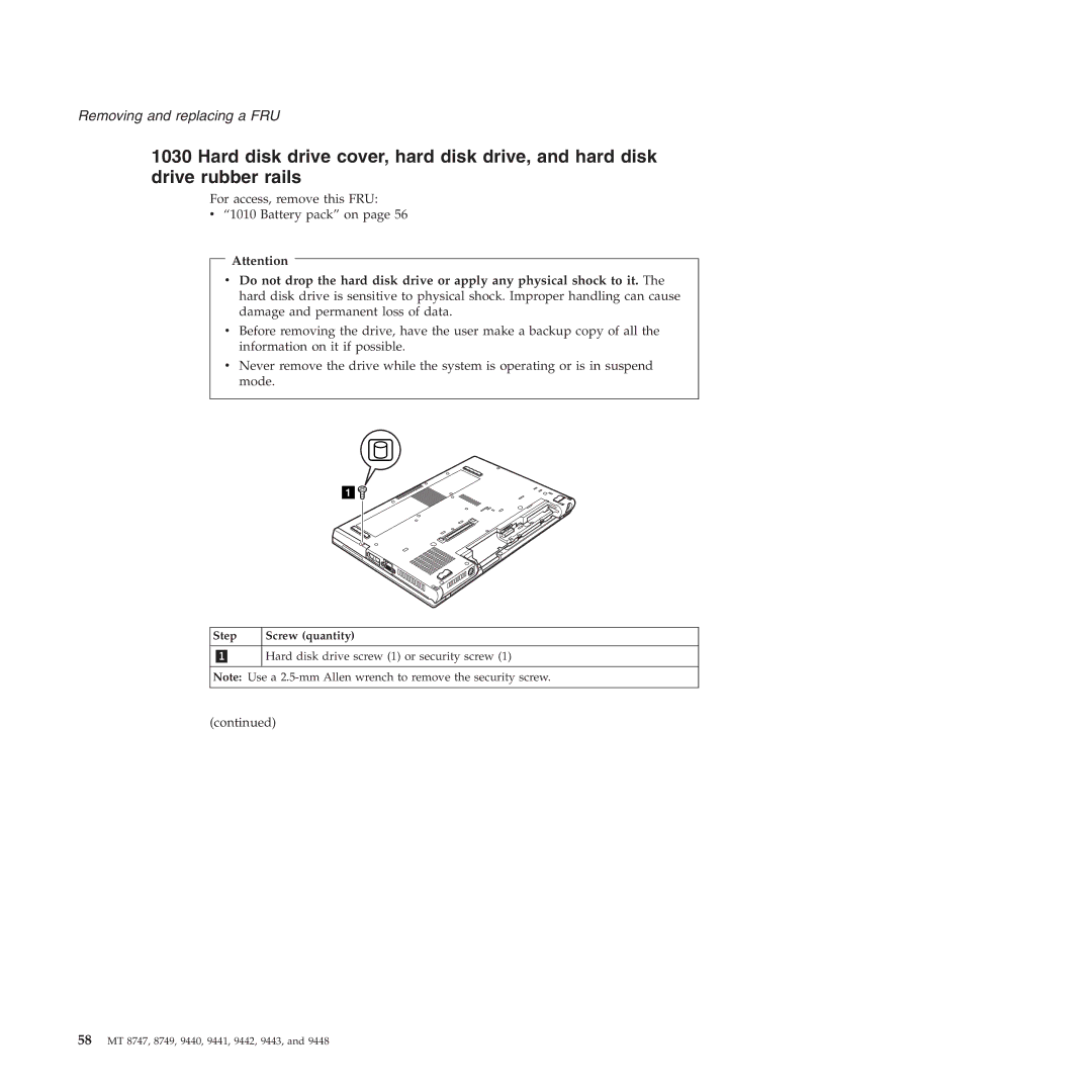 IBM MT 8747, MT 9448, MT 9440, MT 9443, MT 9442, MT 9441, MT 8749 manual For access, remove this FRU Battery pack on 