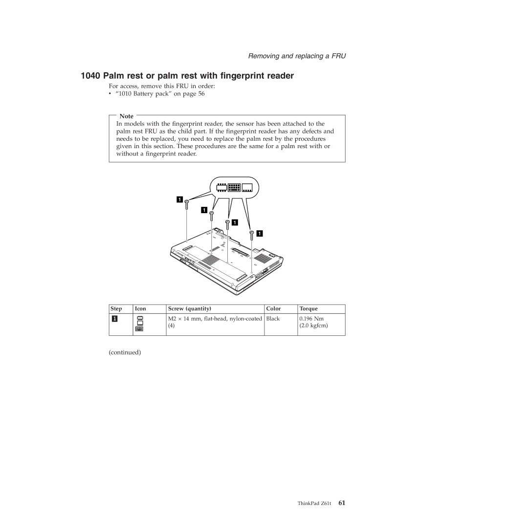 IBM MT 9442, MT 9448, MT 8747, MT 9440 Palm rest or palm rest with fingerprint reader, Step Icon Screw quantity Color Torque 