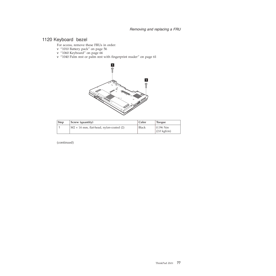 IBM MT 8749, MT 9448, MT 8747, MT 9440, MT 9443, MT 9442, MT 9441 manual Keyboard bezel, Step Screw quantity Color Torque 