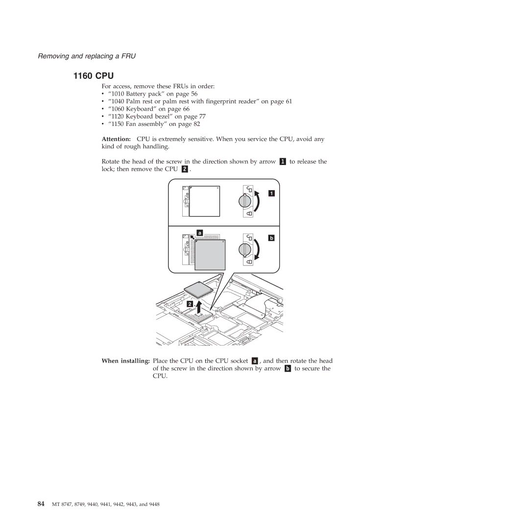 IBM MT 8749, MT 9448, MT 8747, MT 9440, MT 9443, MT 9442, MT 9441 manual 1160 CPU 