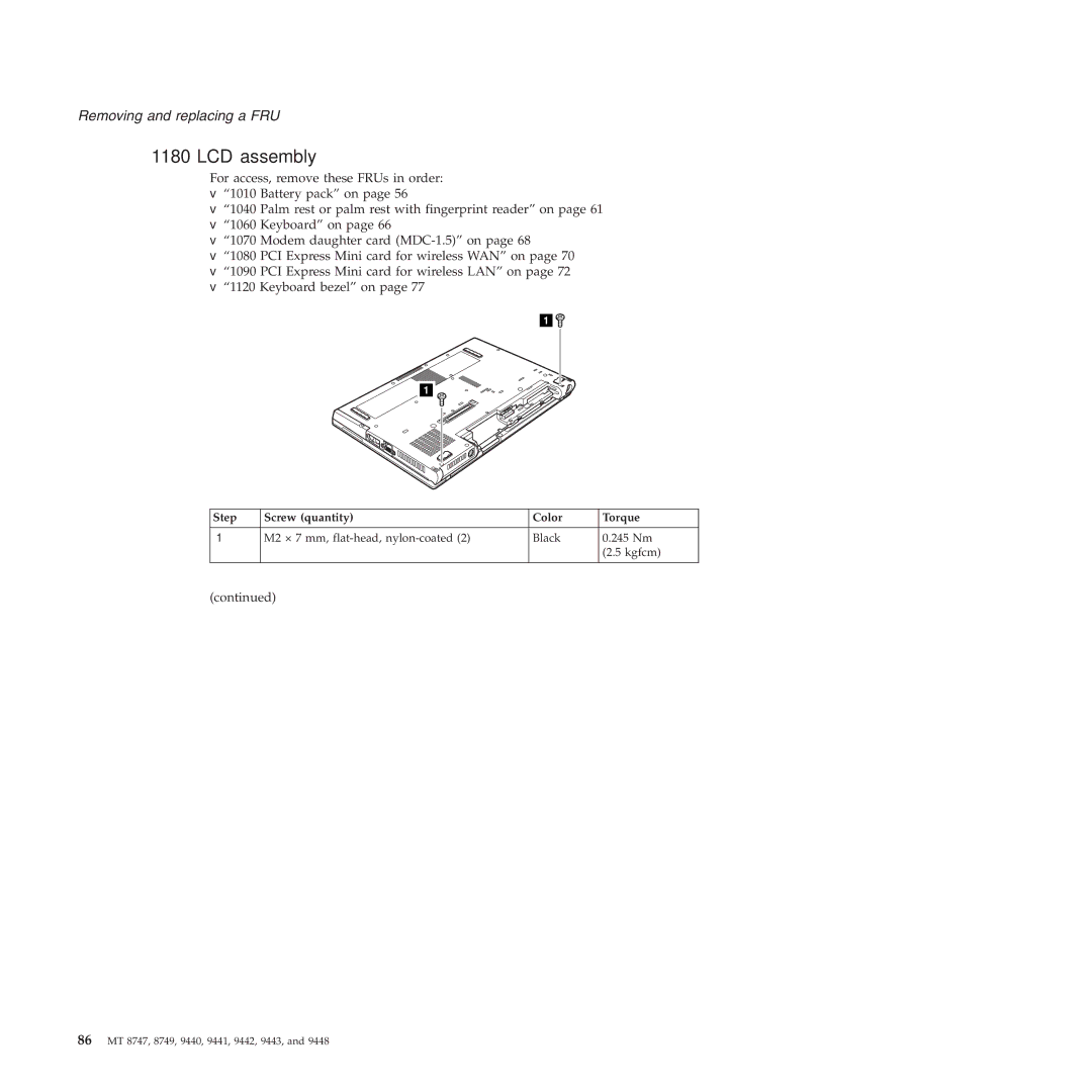 IBM MT 8747, MT 9448, MT 9440, MT 9443, MT 9442, MT 9441, MT 8749 manual LCD assembly, Step Screw quantity Color Torque 