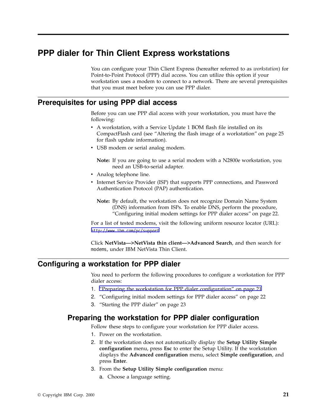 IBM N2800e manual PPP dialer for Thin Client Express workstations, Prerequisites for using PPP dial access 