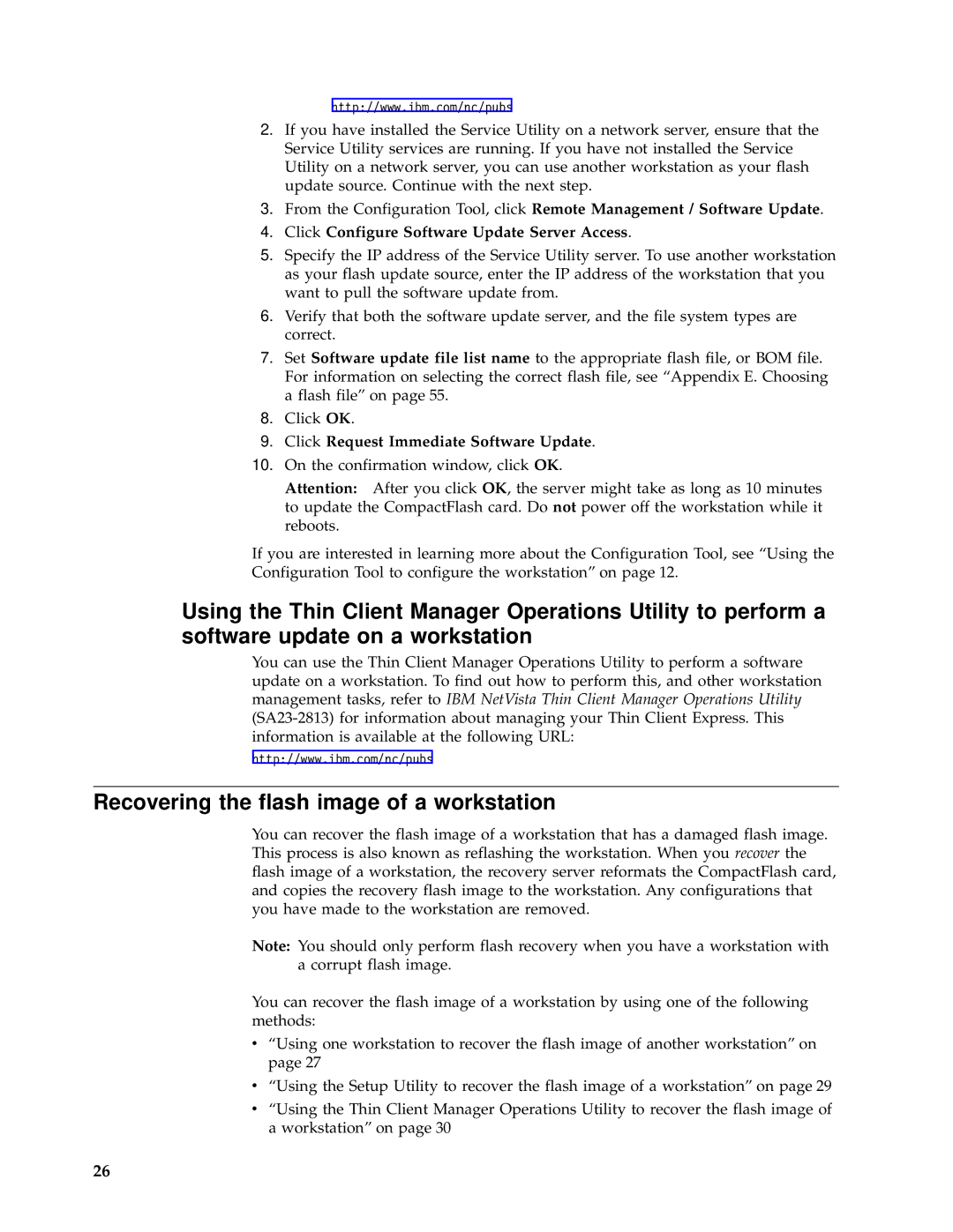 IBM N2800e manual Recovering the flash image of a workstation, Click Configure Software Update Server Access 