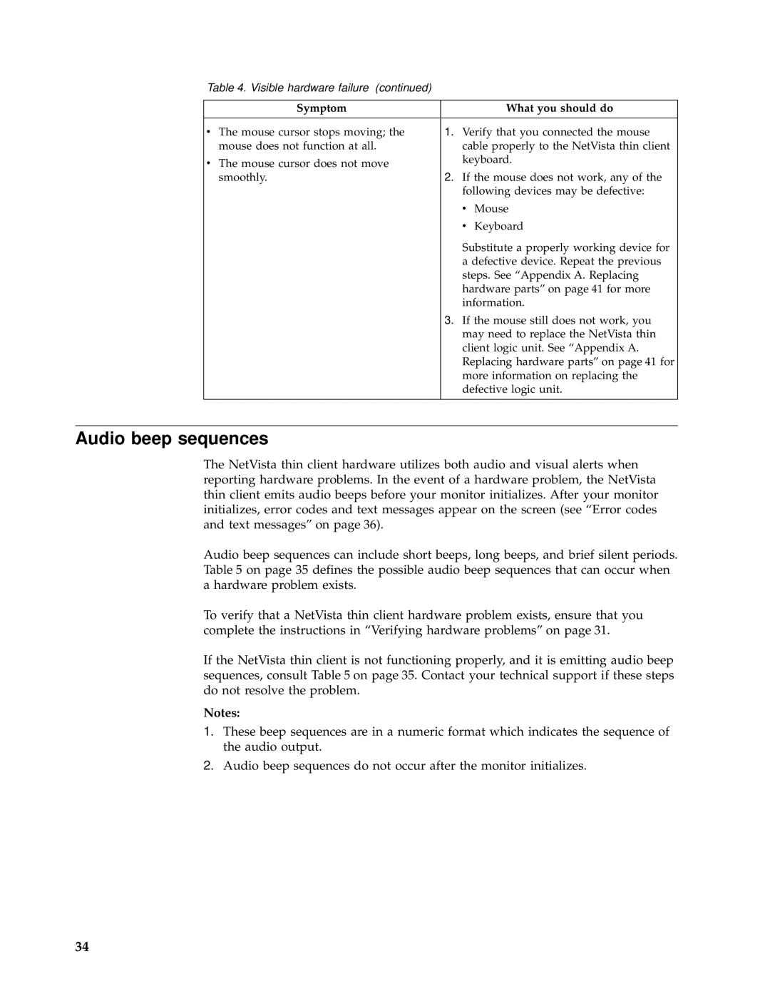 IBM N2800e manual Audio beep sequences 