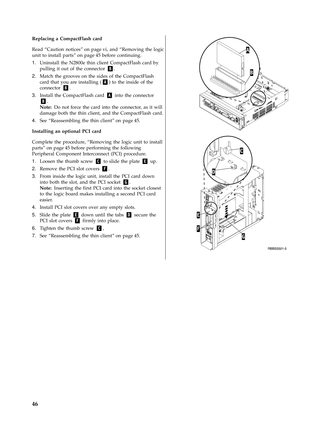 IBM N2800e manual Replacing a CompactFlash card, Installing an optional PCI card 