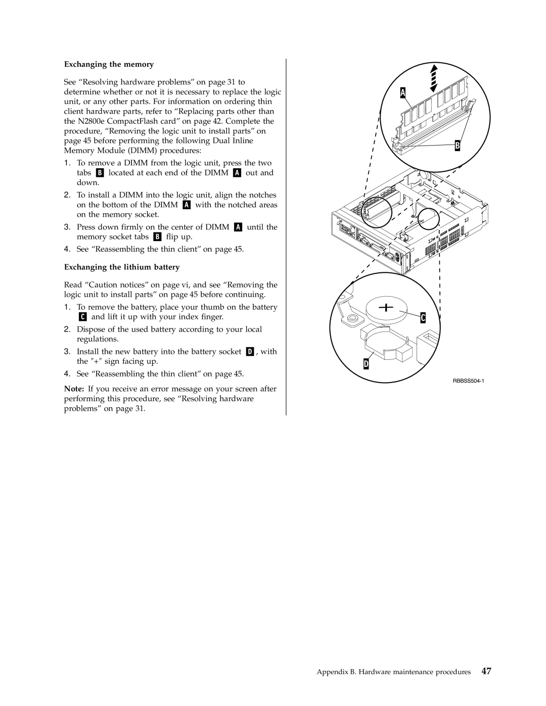 IBM N2800e manual Exchanging the memory, Exchanging the lithium battery 