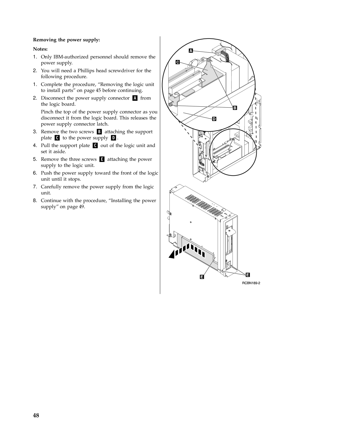 IBM N2800e manual Removing the power supply 