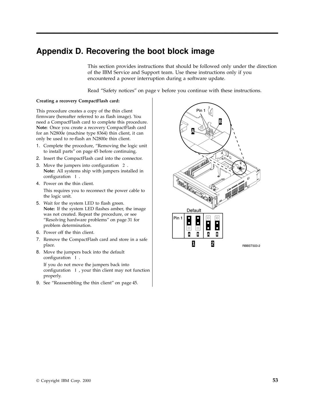 IBM N2800e manual Appendix D. Recovering the boot block image, Creating a recovery CompactFlash card 