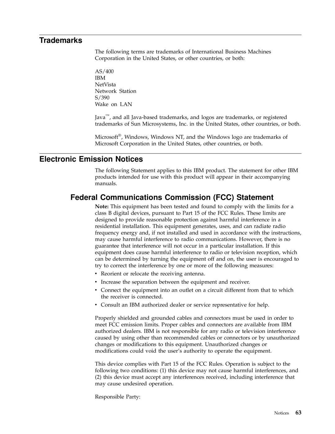 IBM N2800e manual Trademarks, Electronic Emission Notices, Federal Communications Commission FCC Statement 