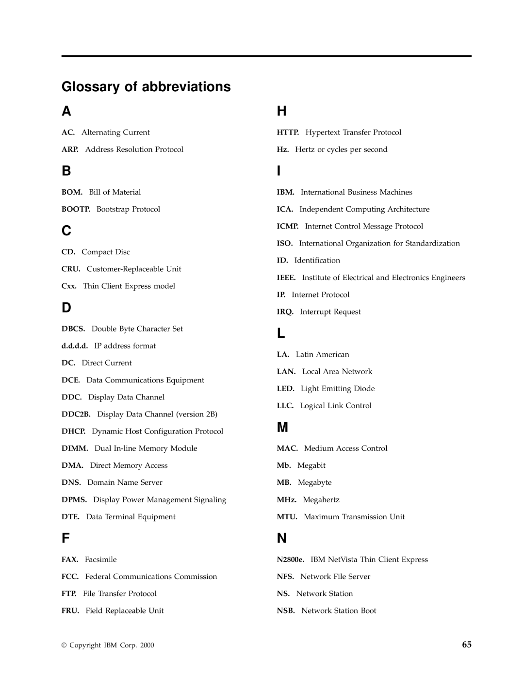 IBM N2800e manual Glossary of abbreviations 