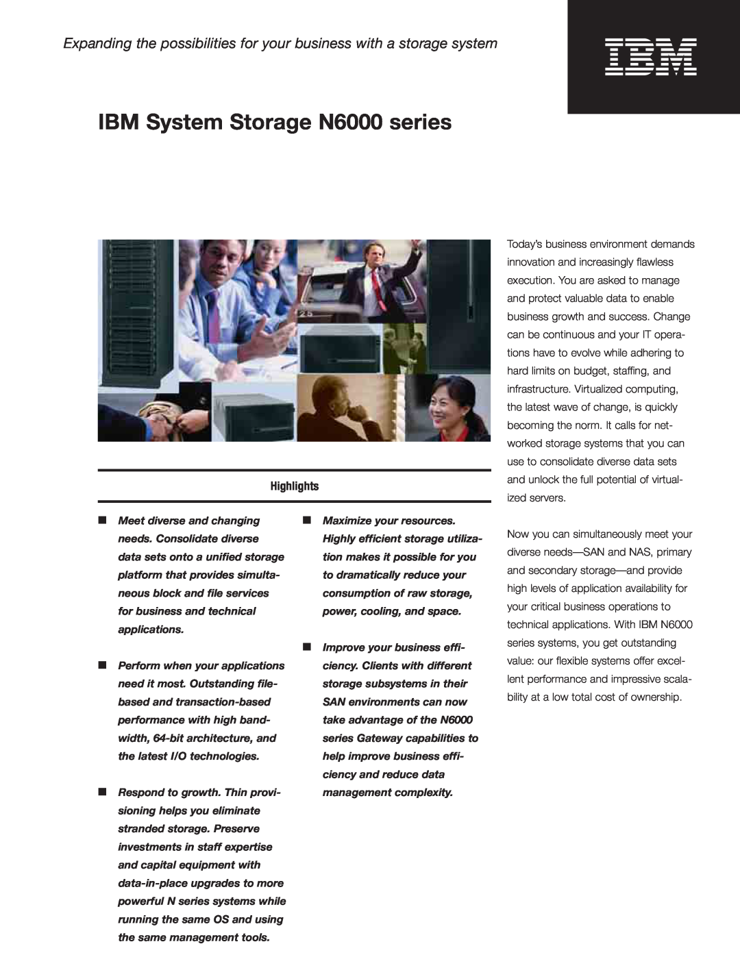 IBM N6060, N6040, N6070 manual Highlights, IBM System Storage N6000 series 