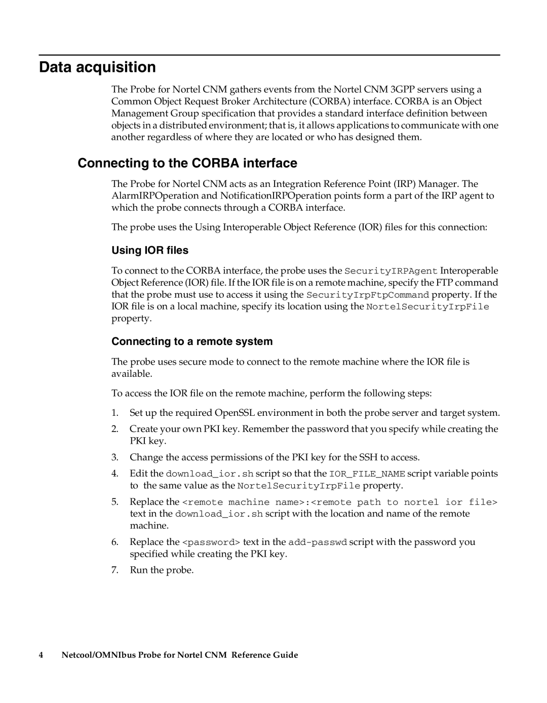 IBM Netcool/OMNIbus Probe for Nortel CNM manual Data acquisition, Connecting to the Corba interface 